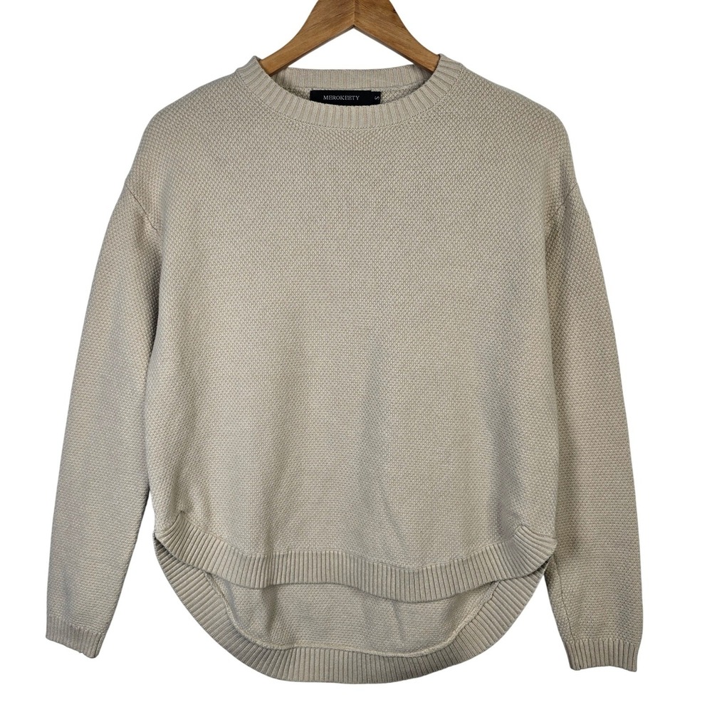 Merokeety Knit Sweater Womens Size Small Crew Neck Drop Shoulder Tan Beige